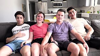 Four horny male bisexuals having group sex in bedroom