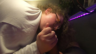 Innocent Chubby white nerd girl with glasses sucks cock and licks up the cum