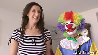 Cum guzzling british MILF fools with clown