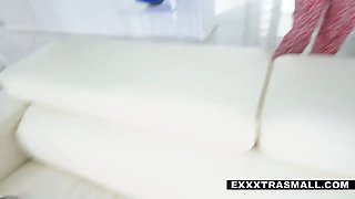 Little beauty Daphne Dare pops out her sweet cunny for the stud and lets him fucks her hard