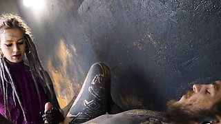 Alt dominatrix pegging tattooed worker