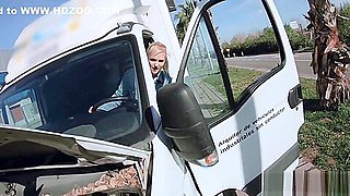Blonde teen 18+ truck driver fucks in public