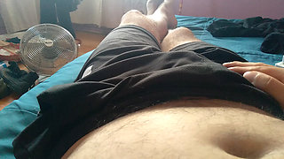 young gay man enjoys his huge cock in the air