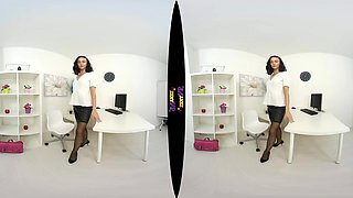 Take This Down; Slim Brunette Striptease Solo Office Small Tits Black Lingerie