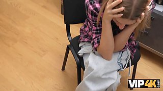 Vip4k. gorgeous blondie with Natural Tits came to get a job and to nail on a tabletop