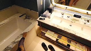 Chinese MILF sucks my dick and lets me fuck her in fishnets to celebrate my birthday