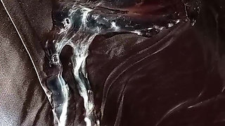 Ejaculating my sperm on the shiny lining of a black fake fur ladycoat