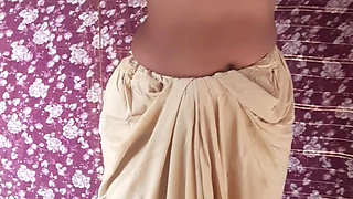 Stepsister is trying to touch stepbrother sister wearing blouse bra saree after taking open bathroom bath