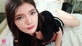 Obscene schoolgirl gal with an guiltless face enjoys to fellate spunk-pump and get jizz on her face after titfuck