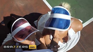 Phoenix Marie & Kelsi Monroe compete for their tennis instructor's shaft but they end up sharing it - brazzers