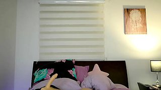 Busty curly brunette with big boobs fucks on couch