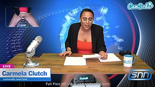 Hot MILF with huge tits masturbates live on air while reading the news