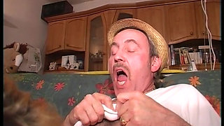 Sexy German blonde rides dick of an older dude