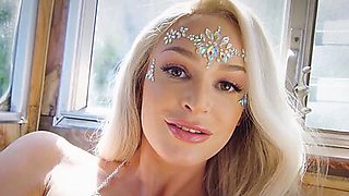 Petite small titted blonde belly dancer Emma Hix stripping in a trailer part 2