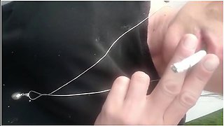 Smoking Cigarette In Black Pantyhose Outside Make Hole For My Clit And Turn Off Cigaret By My Pee