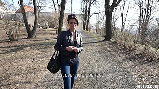 Public Pickups - Kristine Crystalis Shows off Her Leather Jacket and Tight Ass