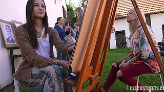 Lustful amateur student draws big cocks during outdoor art exhibition