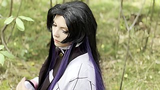 Hot busty girl in Demon Slayer Kanae cosplay enjoys her outdoor sex in the forest