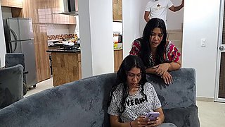 My stepmom sucks my cock on the stairs while my stepsister is distracted