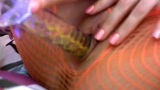 Chloe James - Babe In Fishnet Outfit Rips Pantyhose And Puts A Dildo In Her Shaved Cunt