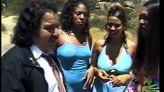 Four hungry black whores fuck a stud and each other with toys