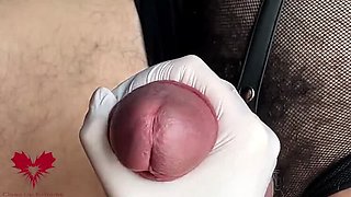 Amateur German Handjob with White Latex Gloves - Big Cock Close-Up & Squirting Sperm