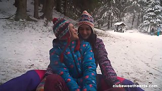 Sirena, Eva, and Lisa Get Pounded in the Ass by Bunny Snow in this Tight Winter Group Sex