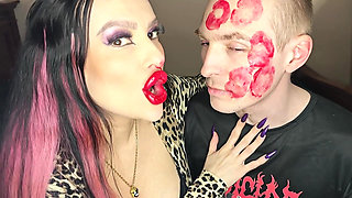 Juicy Sticky Loud Aggressive Kisses All Over a Guy's Face with Red Lipstick