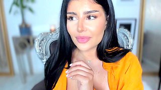 Busty curly brunette with big boobs fucks on couch