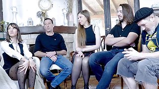 Three women plus three men fucking during a group therapy session with the psy