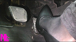 Revving and Driving in Black Pantyhose and Grey High Heels