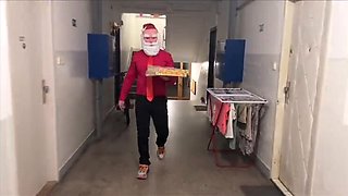 Christi gives Santa a naughty blowjob gift with facial cumshot and swallowing