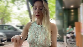 Anastasia Ocean gets off with daring public masturbation in a bustling café, wearing a see-through top and no panties