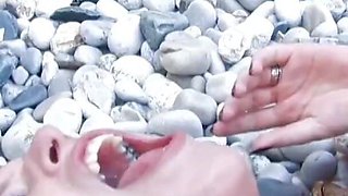 Cute young French slut fucking DP with 2 cocks on the beach