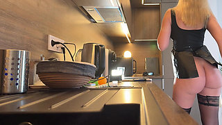 Amazingly Beautiful Hot and Horny Girl in Stockings in the Kitchen Flashes Her Tight Pussy and Ass