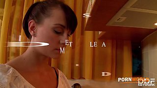 Naughty coeds Demetris and Leda suck on man sausage atop the kitchen table