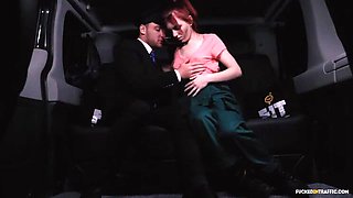 Hot Czech redhead Vanessa Shelby has a raunchy car sex encounter, leaving her covered in cum