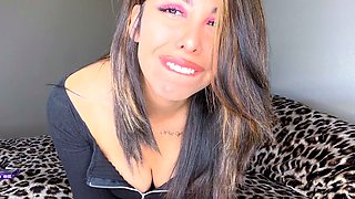 Busty curly brunette with big boobs fucks on couch