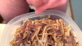 Jacking off and cumming onto my beef & noodles