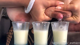 Filling Three Glasses with Fresh Breast Milk From My Full Breasts