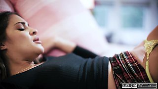 Brunette finds stepsis secret girlfriend and wants to fuck