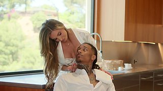 Silvia Saige seduces the new man in the kitchen, showcasing her stunning 34d curves.