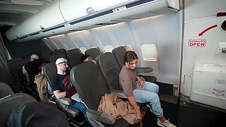 Brunette babe pleasures herself mid-flight in a solo session