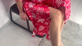 Beautiful Legs Are Peeing Into a Salad Bowl