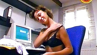 Sexy German secretary sucks and jerks off a dick in the office