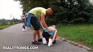 Brittany Bardot and Rika Fane take a break from jogging for a quick rail on nick's pecker - reality kings