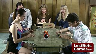 Foot-Fetish Victory: Big-Tits Blonde Strips for Defeated Guy