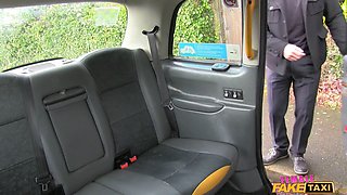 Busty British milf screws news reporter on the backseat - woman fake cab