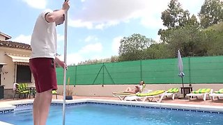 Seductive Mature Brunette Teases Pool Boy with Big Natural Tits