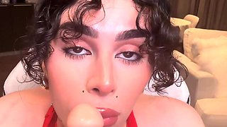 Hot Trans Deepthroats Dildo with her Thick Lips